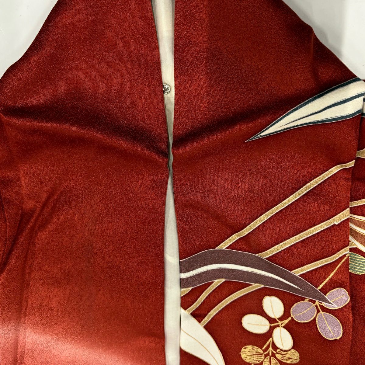 振袖禮服 身長150cm 袖長63cm S 雙層 蝶 萩 金銀彩 金絲 茜 純蠶絲 秀品級