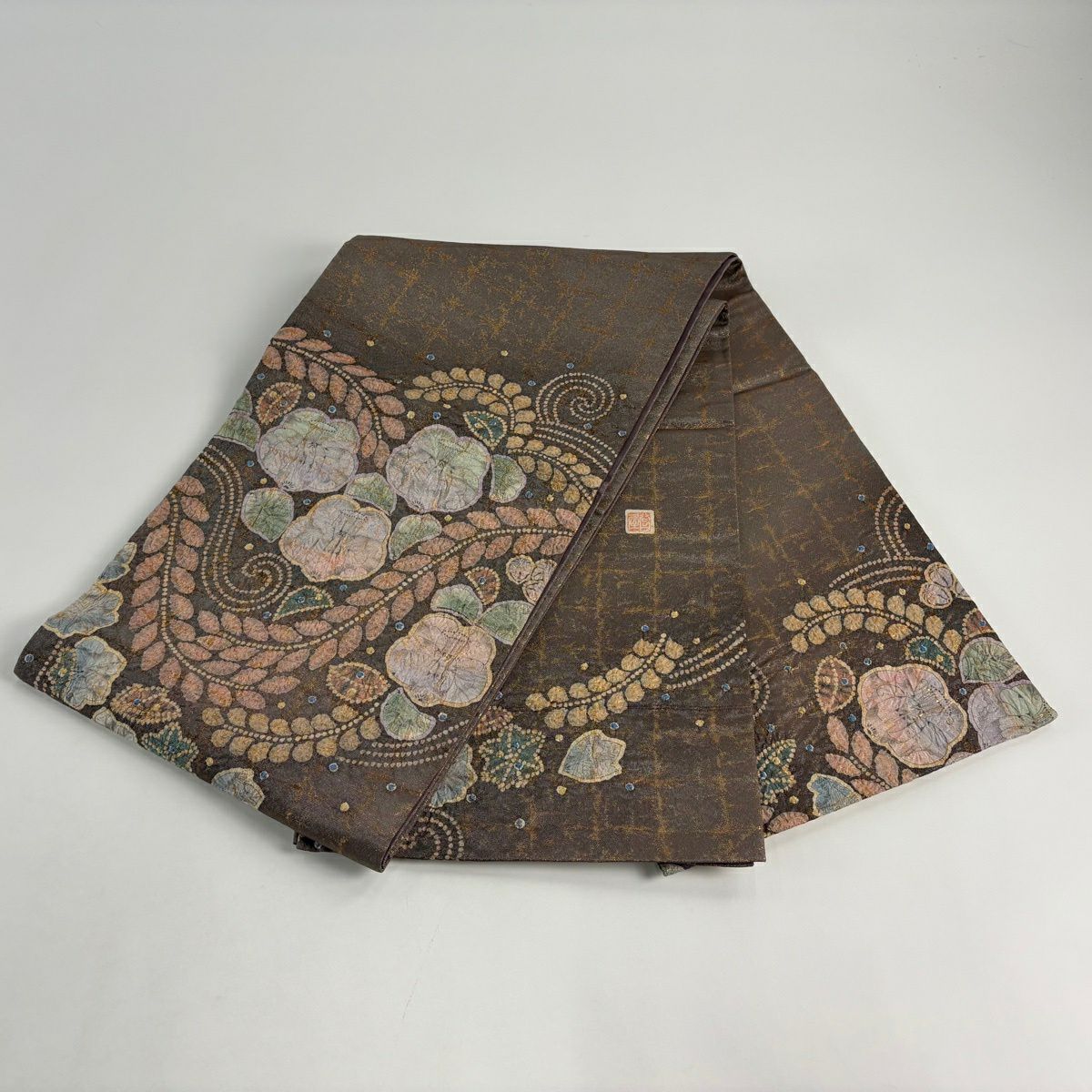 【美品】 袋帶 名品級 落款あり 辻花染 金金箔 銀通 茶紫 お太鼓柄 純蠶絲