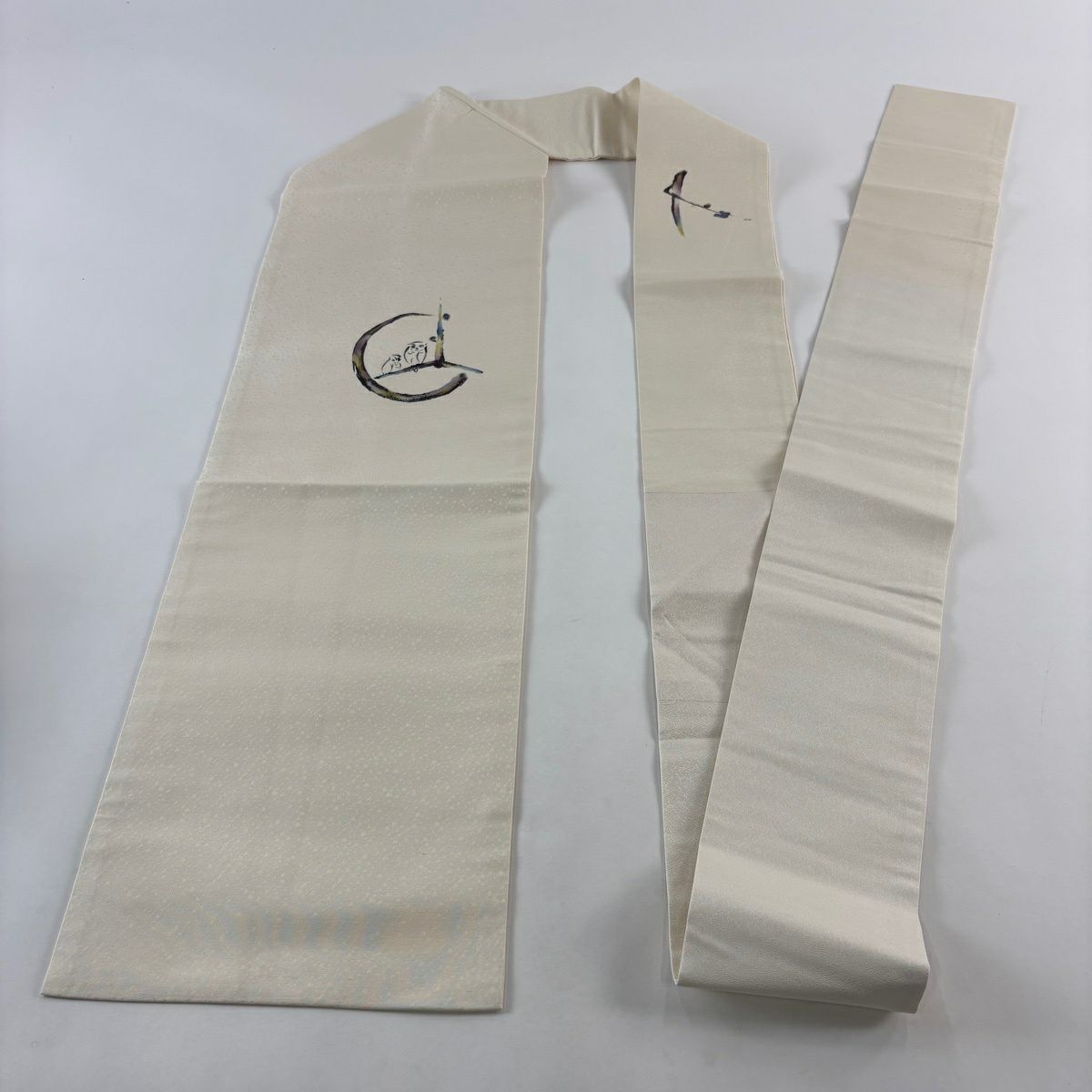 【美品】名古屋帶 名品級 貓頭鷹 枝葉 金銀彩 螺鈿 米色 純蠶絲