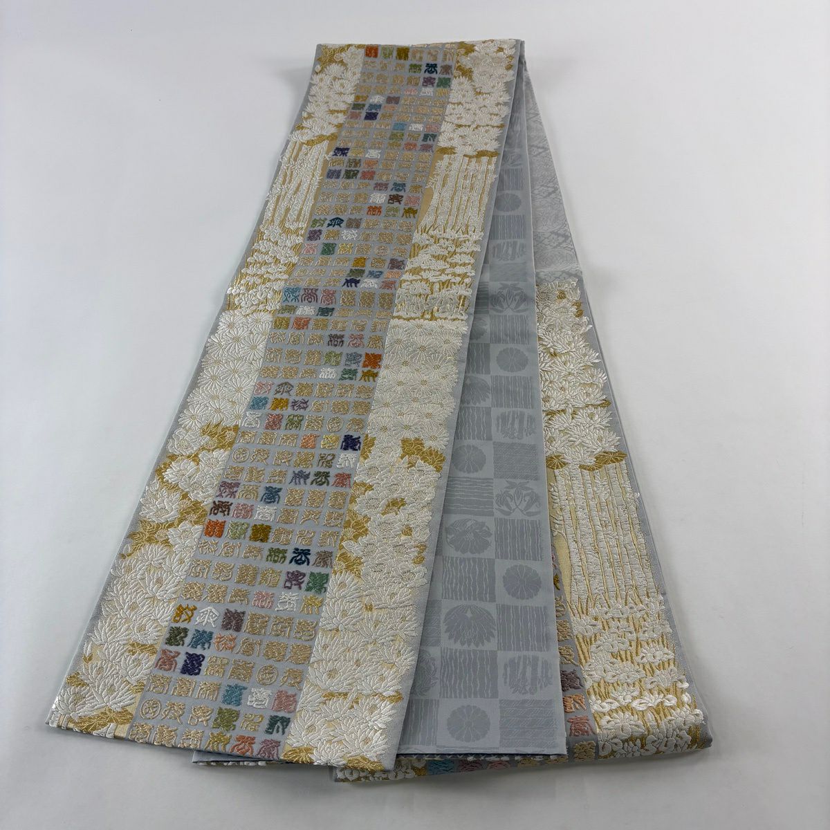 【美品】 袋帶 名品級 證書齊全 菊花花 文字 金絲 刺繡 青灰 六通 純蠶絲