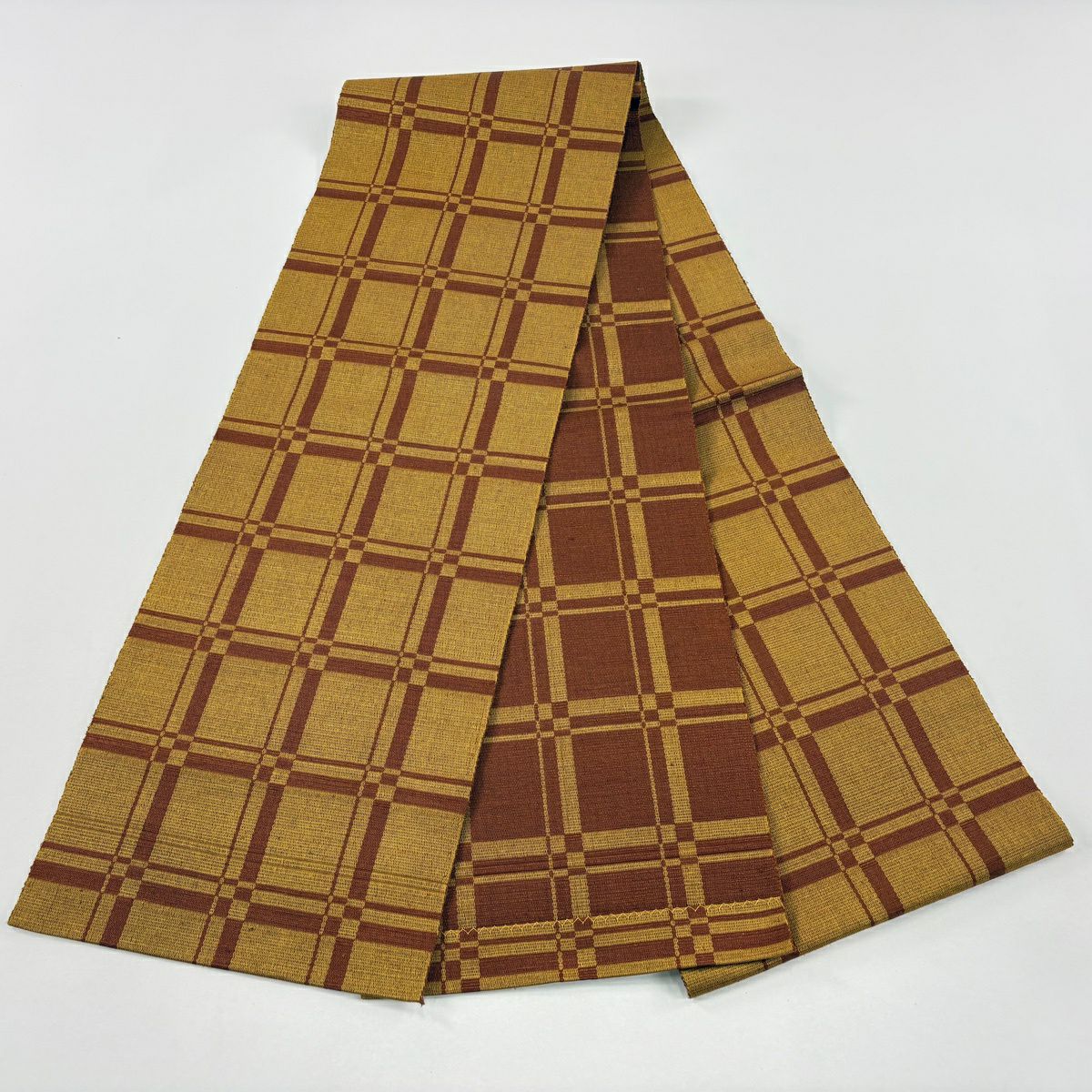 【美品】 名古屋帶 逸品級 八寸名古屋帶 格子 山吹茶 純蠶絲