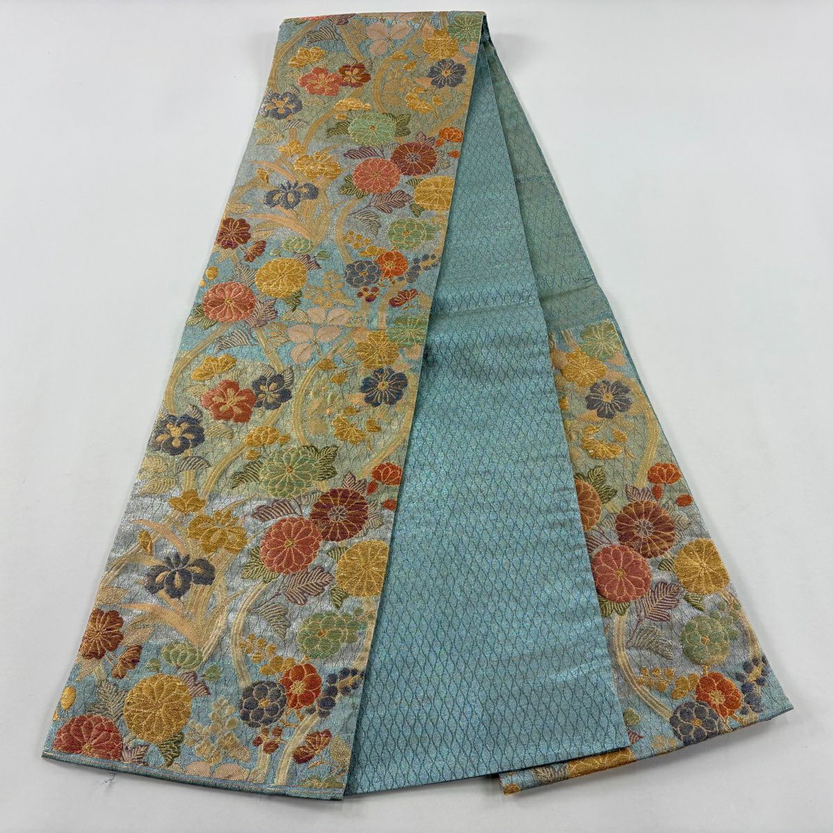【美品】 袋帶 逸品級 草花紋紋 立涌 金絲 金金箔 淺綠 六通 純蠶絲