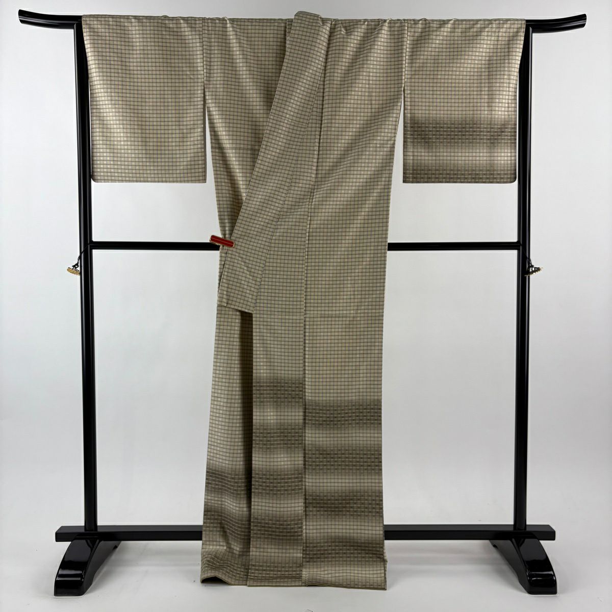 【美品】 付下 身長170cm 袖長68.5cm L 雙層 紬織織 格子 花織 米色 純蠶絲 逸品級