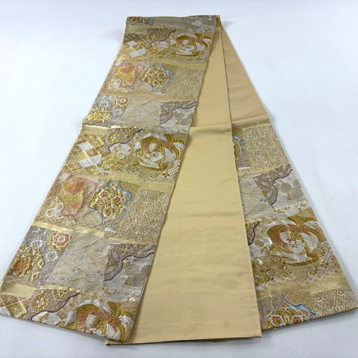 袋帶 逸品級 附有落款 篠谷宗兵衛 華紋 花鳥 金銀彩 刺繡 金色 六通 純蠶絲