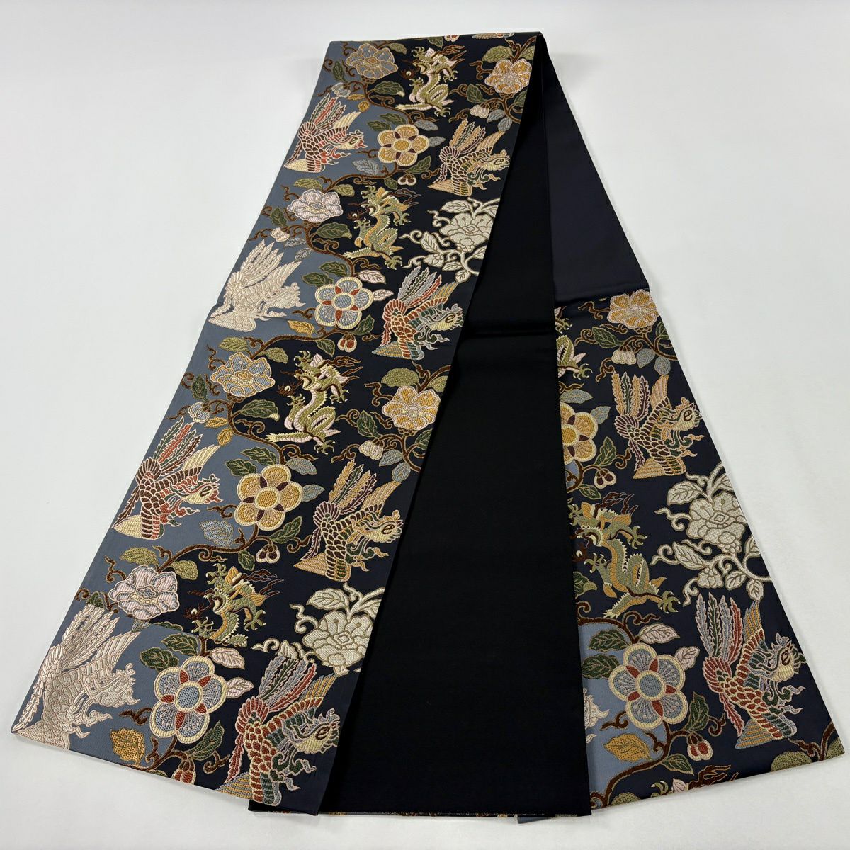 【美品】 袋帶 逸品級 龍 花鳥 金金箔 刺繡 黑 六通 純蠶絲