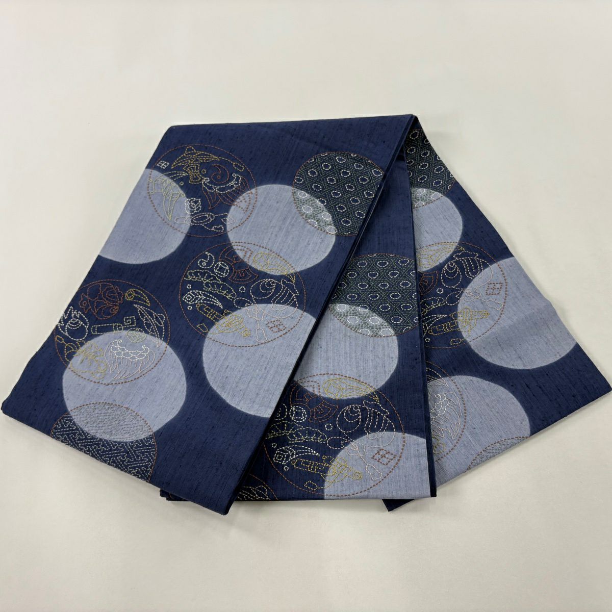 【美品】 袋帶 逸品級 紬織織 圓文 寶物滿載 刺繡 藍 六通 純蠶絲