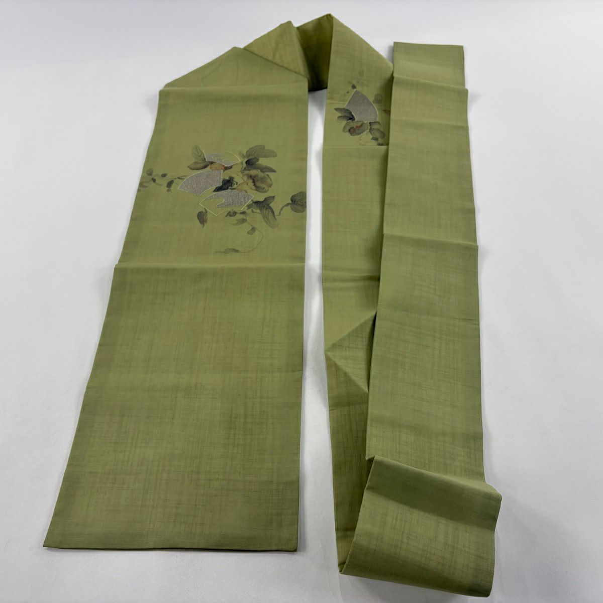 名古屋帶 秀品級 扇子面 朝顏 銀線 刺繡 淺綠 純蠶絲
