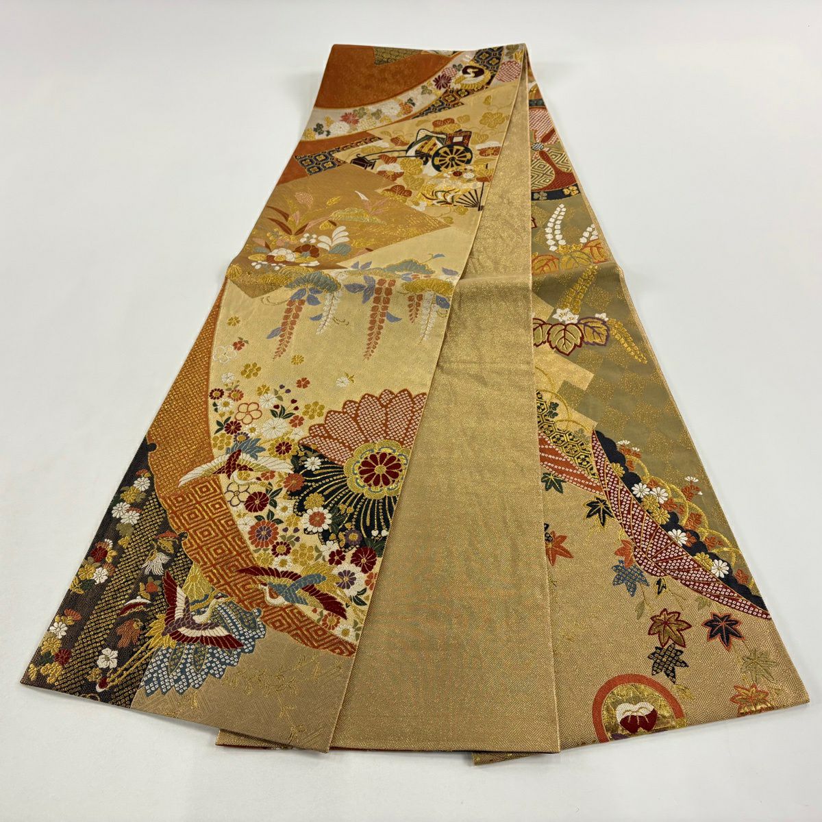【美品】 袋帶 秀品級 束捆熨斗紋 松樹竹子梅花 金色 全通 純蠶絲