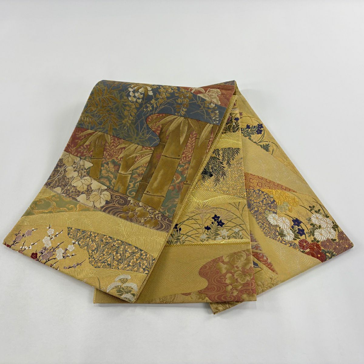 【美品】 袋帶 秀品級 竹子 草花紋 金金箔 黃土 素材 純蠶絲