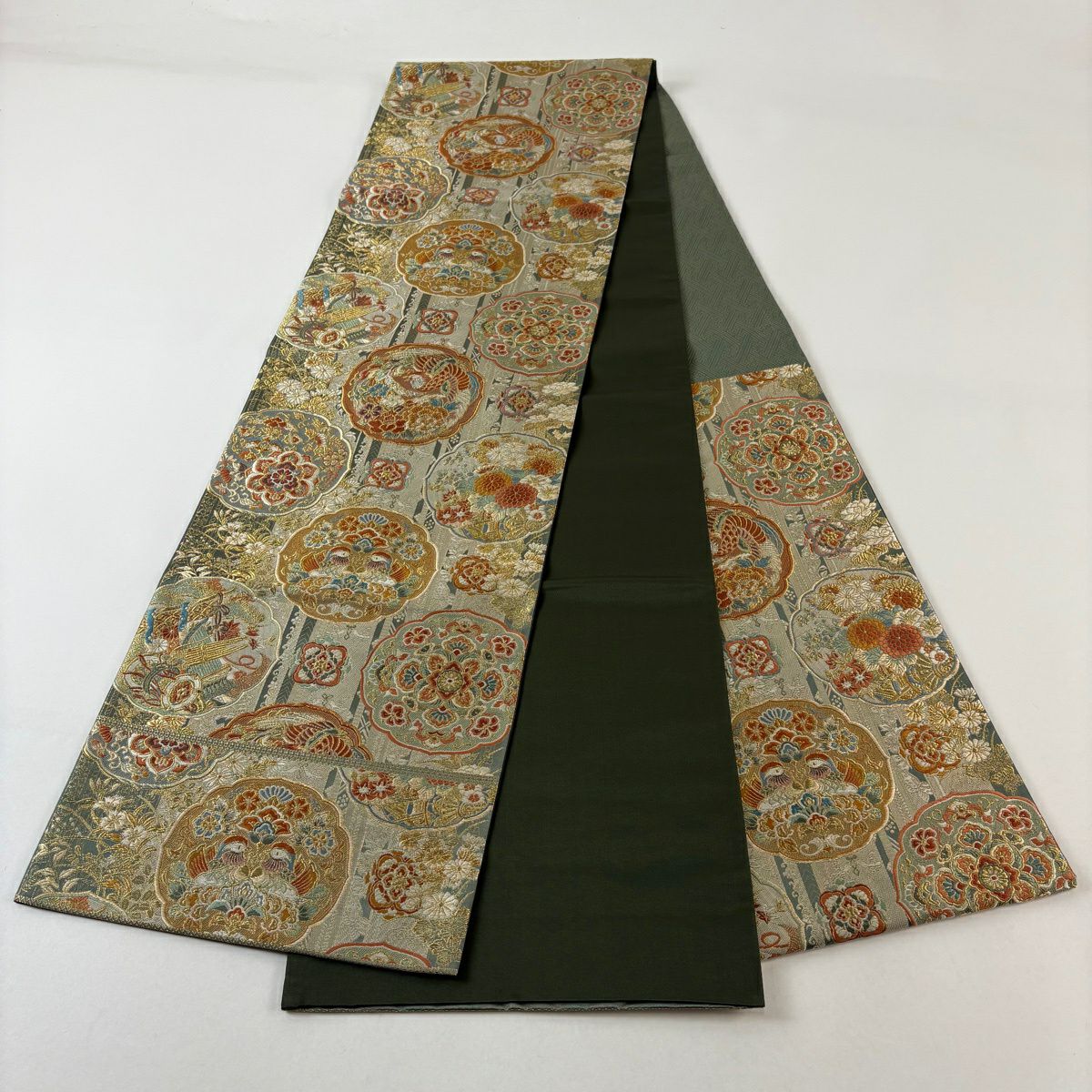 【美品】 袋帶 秀品級 秀煌錦織 本金金箔 關西仕立 花鳥 華紋 金絲 灰綠 六通 純蠶絲