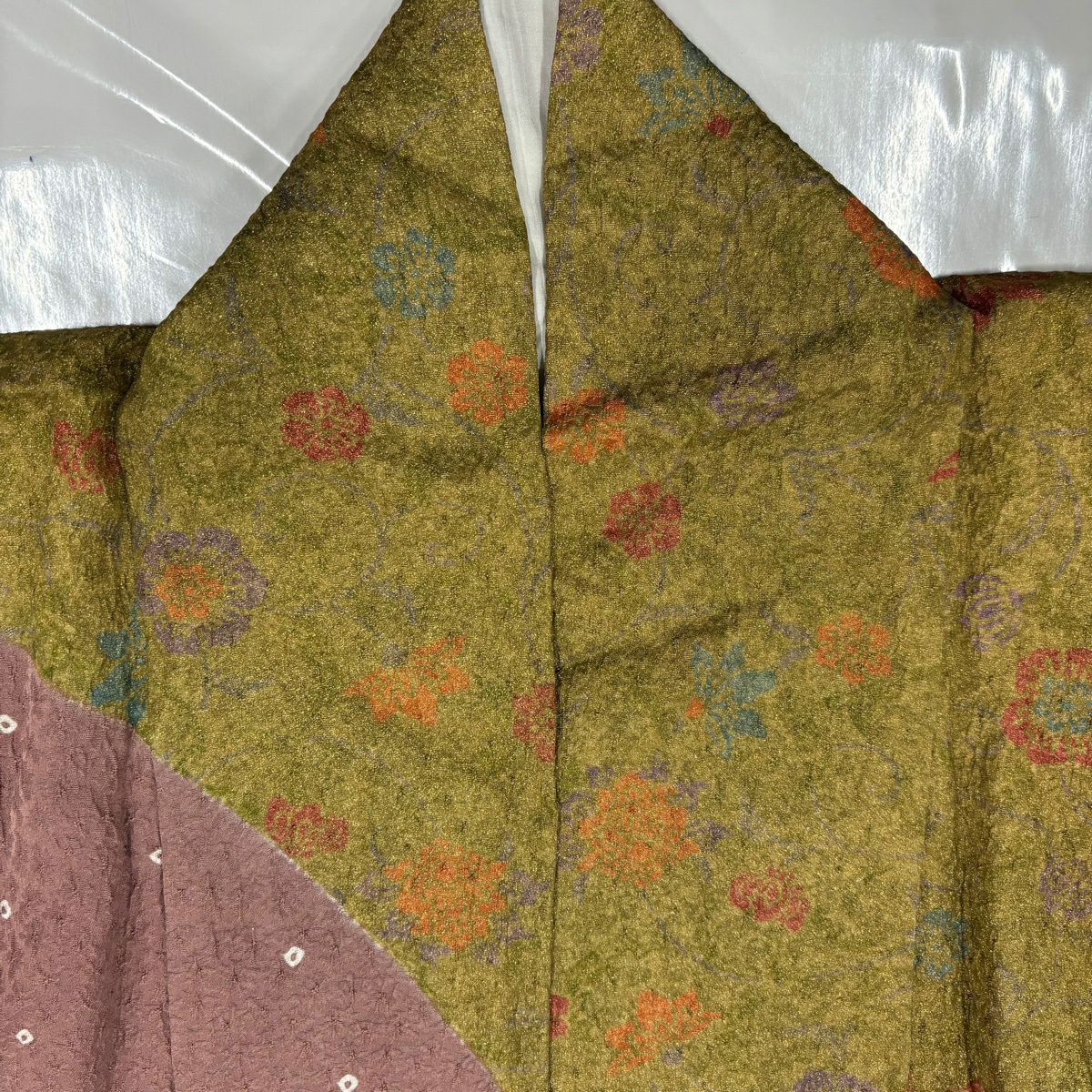 訪問服 身長152cm 袖長61.5cm S 雙層 草花紋紋 芝 金彩裝飾 絞染 橙色 純蠶絲 名品級