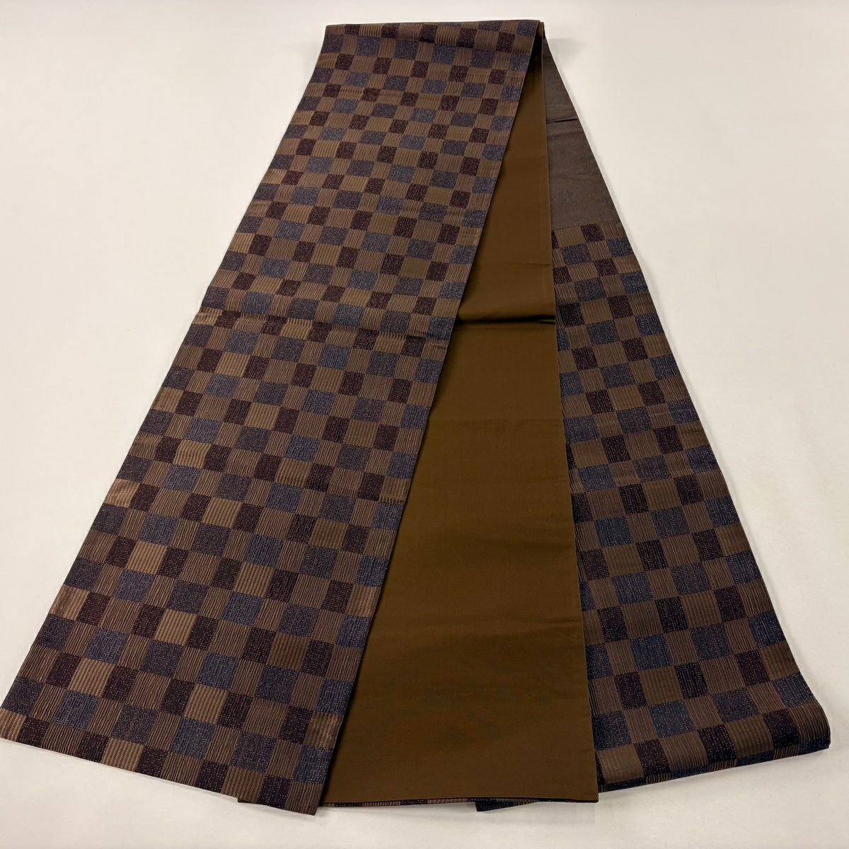 【美品】 袋帶 名品級 附落款 こむさでもーど 變化市松樹 紋理 金絲 茶 六通 純蠶絲