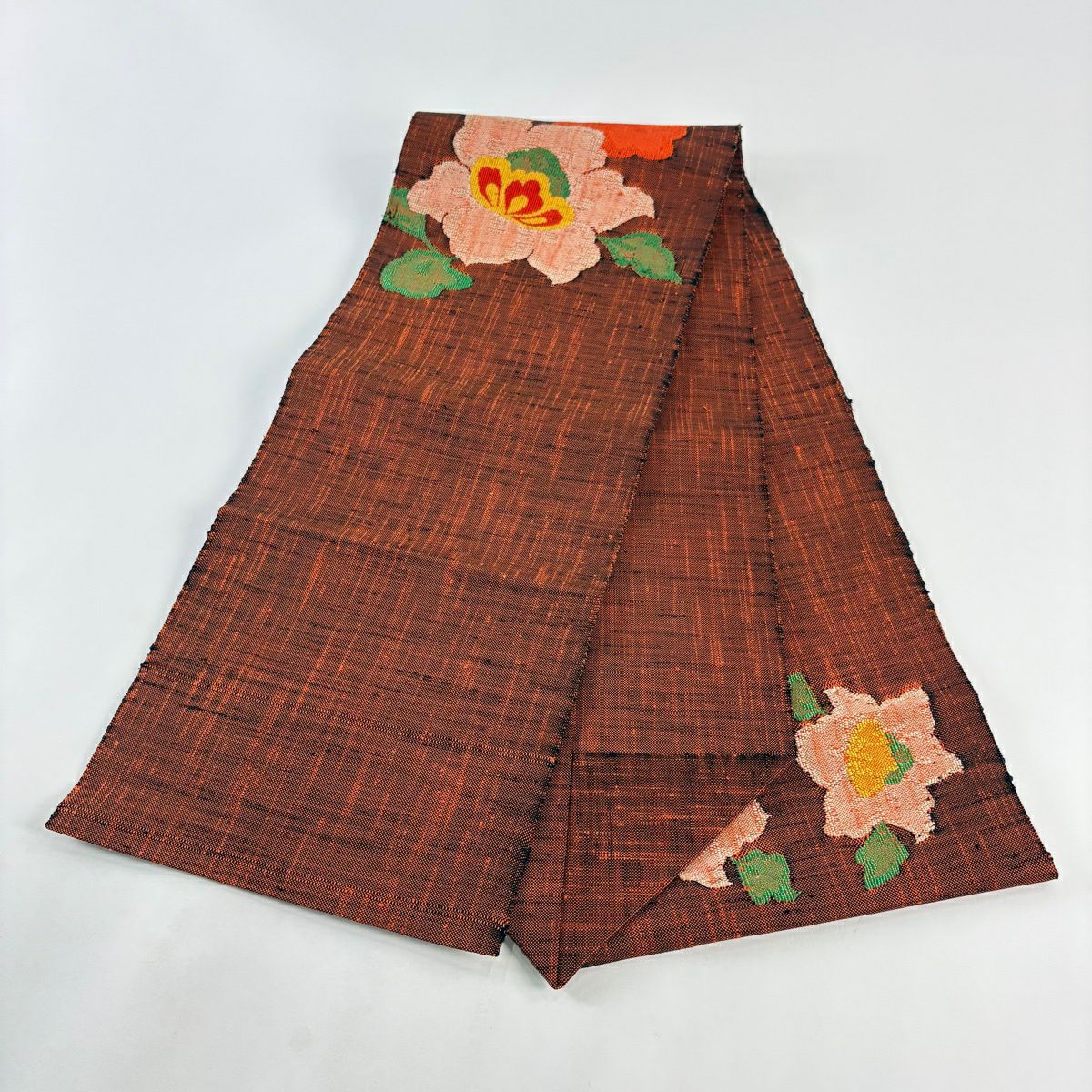 【美品】名古屋帶 優品級 八寸名古屋帶 松樹葉仕立 雙層 草花紋 紅 純蠶絲