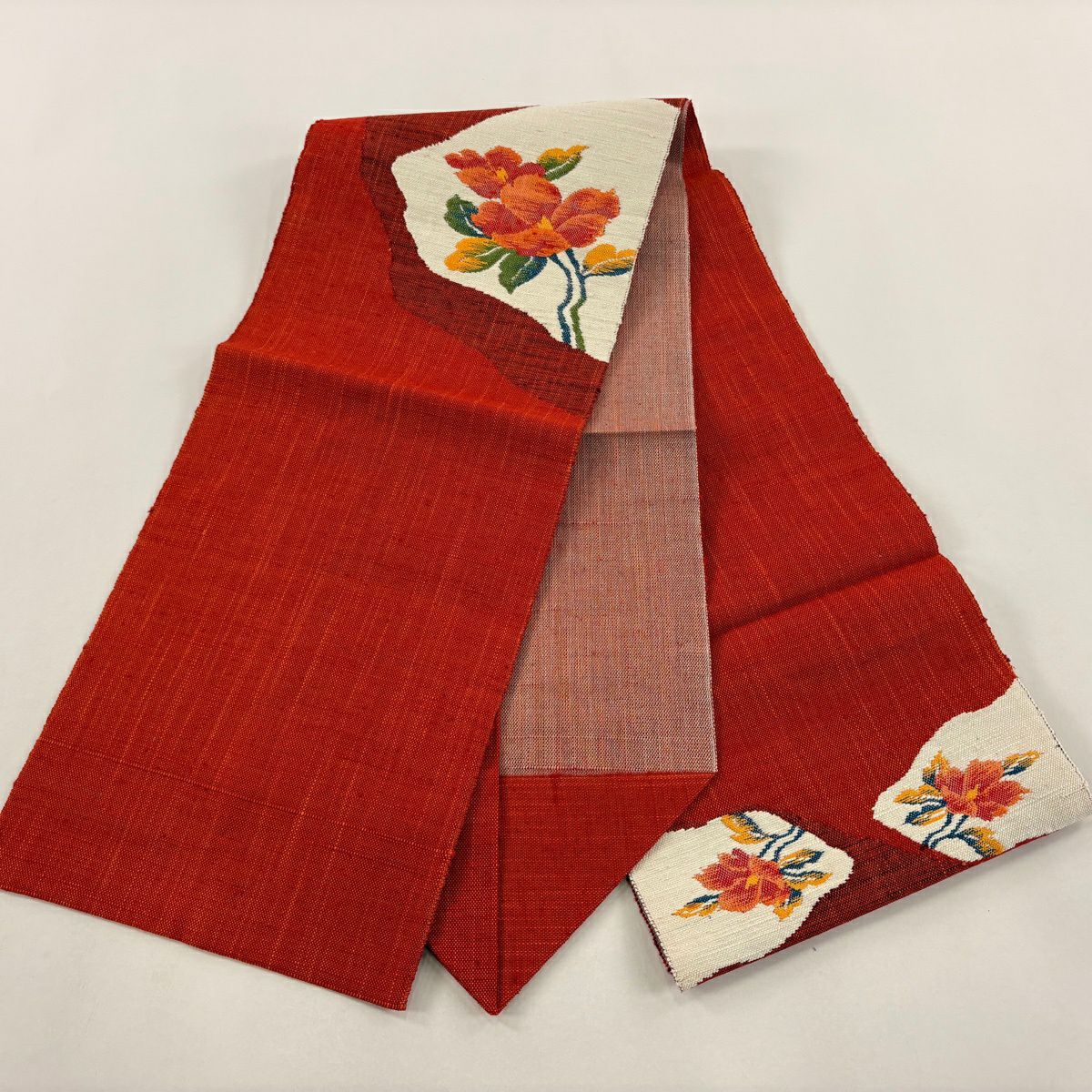 【美品】 名古屋帶 優品級 八寸名古屋帶 松樹葉仕立 草花紋紋 橙色 純蠶絲