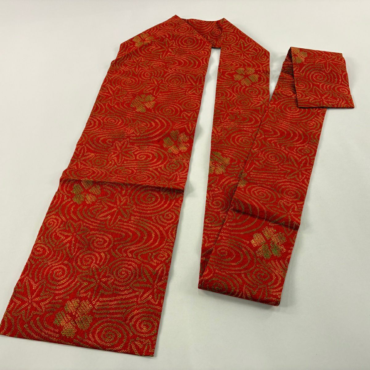 【美品】名古屋帶 優品級 花 流水 絞染 紅 純蠶絲