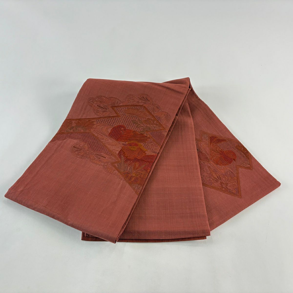 【美品】 袋帶 秀品級 紬織織 鴛鴦 草花紋紋 刺繡 紅茶 お太鼓柄 純蠶絲