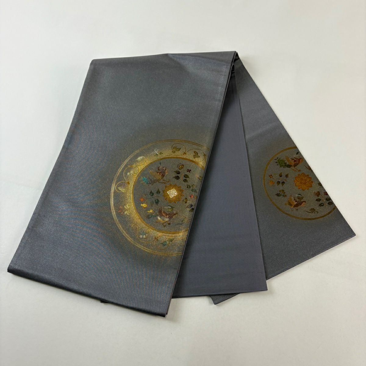 【美品】 袋帶 秀品級 鳥 草花紋紋 金金箔 金彩裝飾 灰紫 お太鼓柄 純蠶絲