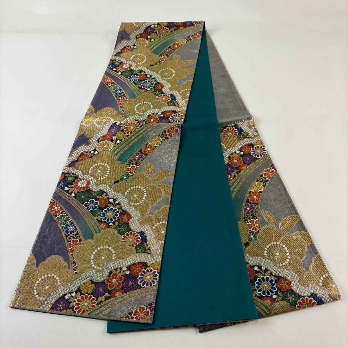 【美品】 袋帶 秀品級櫻花菊花金絲金金箔紫六通純蠶絲