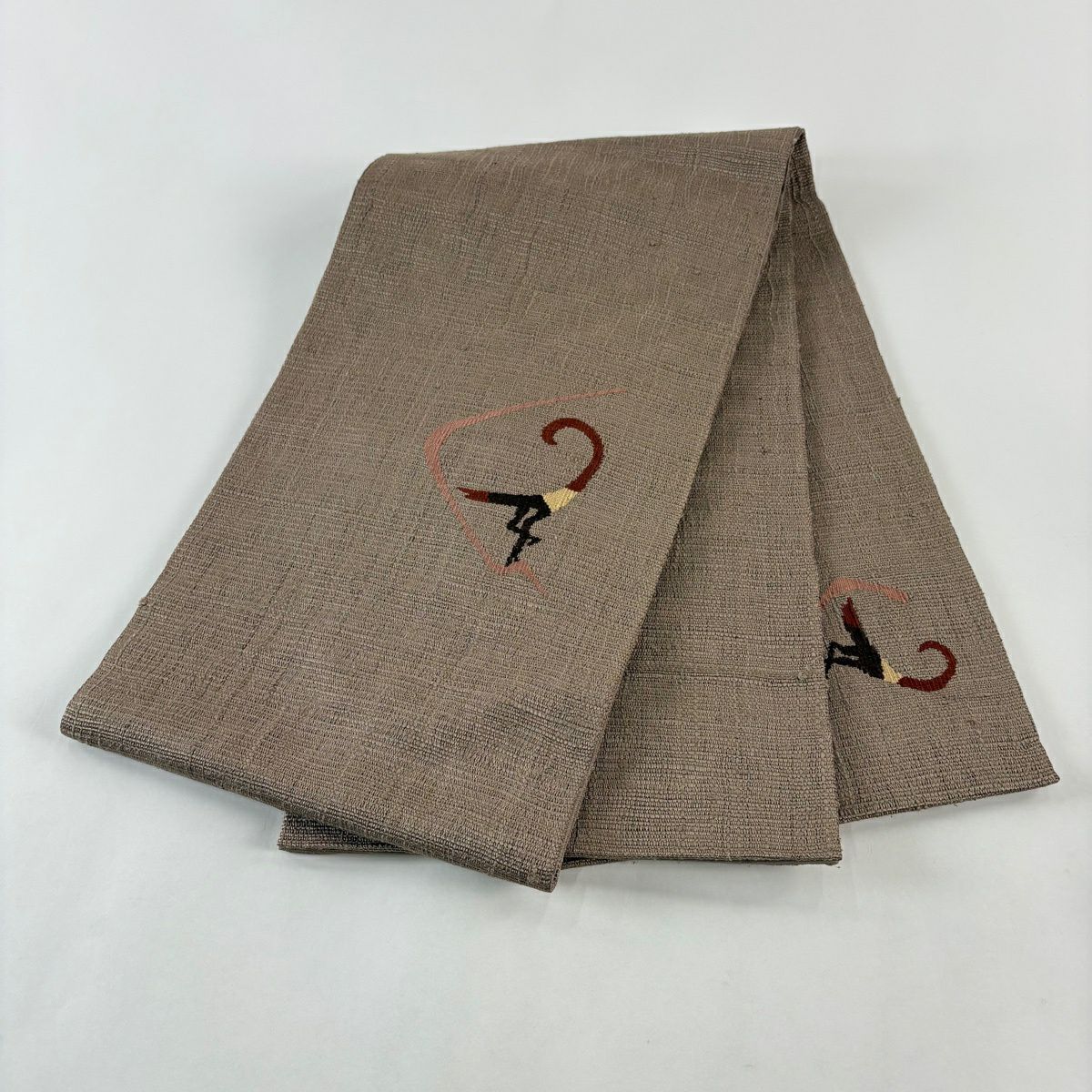 【美品】 袋帶 優品級 紬織織 鳥 灰茶 お太鼓圖案 純蠶絲