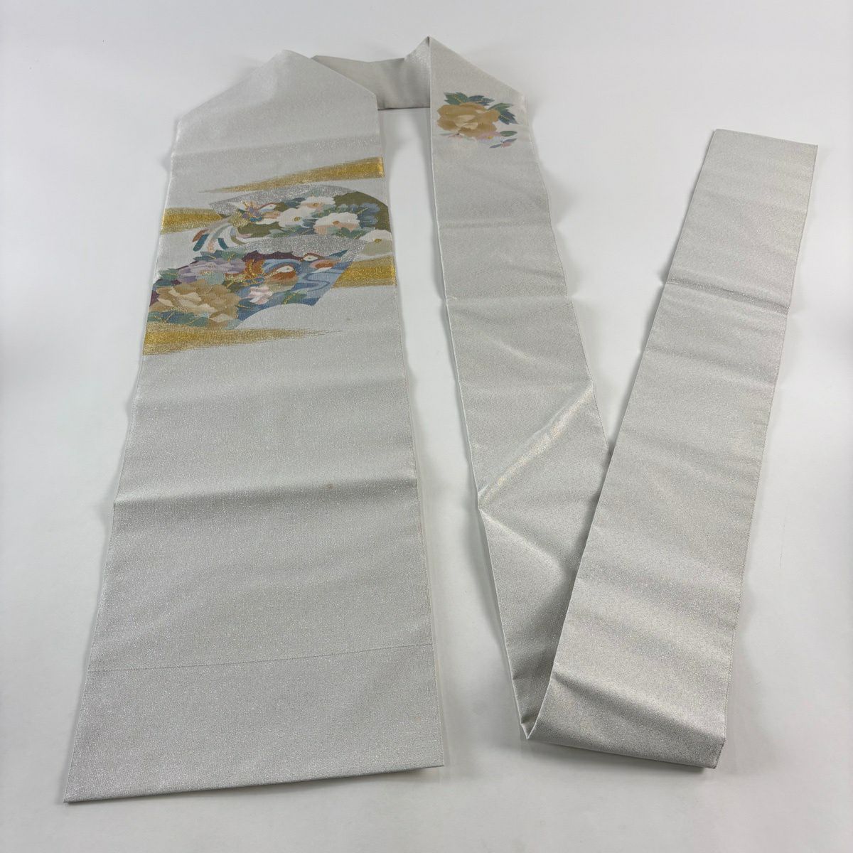 名古屋帶 秀品級 扇子面 花鳥 金絲 金金箔 銀 純蠶絲