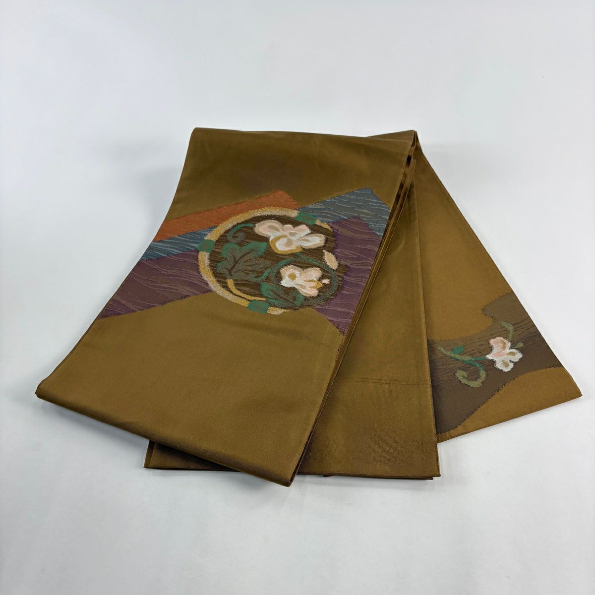 【美品】 袋帶 秀品級 關西仕立 紬織織 花唐草紋 波 金金箔 山吹茶 素材 正蠶絲