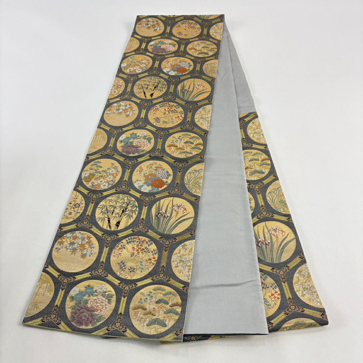 袋帶 秀品級 圓紋 草花紋 金銀絲 金金箔 灰 深藍 六通 純蠶絲