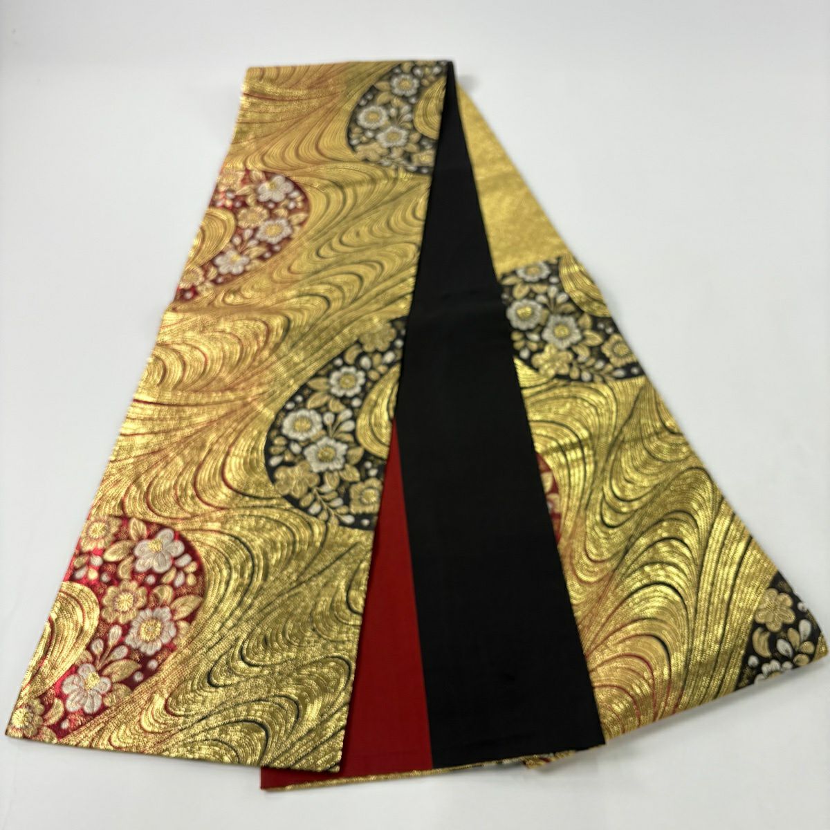 【美品】 袋帶 秀品級 證書齊全 草花紋 紋流水 金金箔 金絲 紅黑 六通 純蠶絲