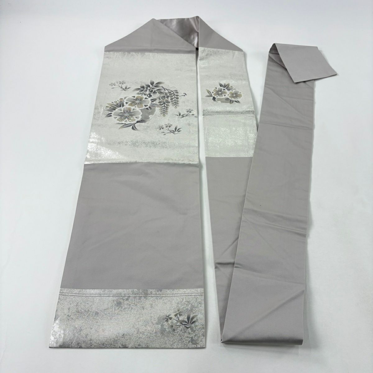 【美品】名古屋帶 秀品級 樱花 藤 膠 金銀彩 銀色 純蠶絲