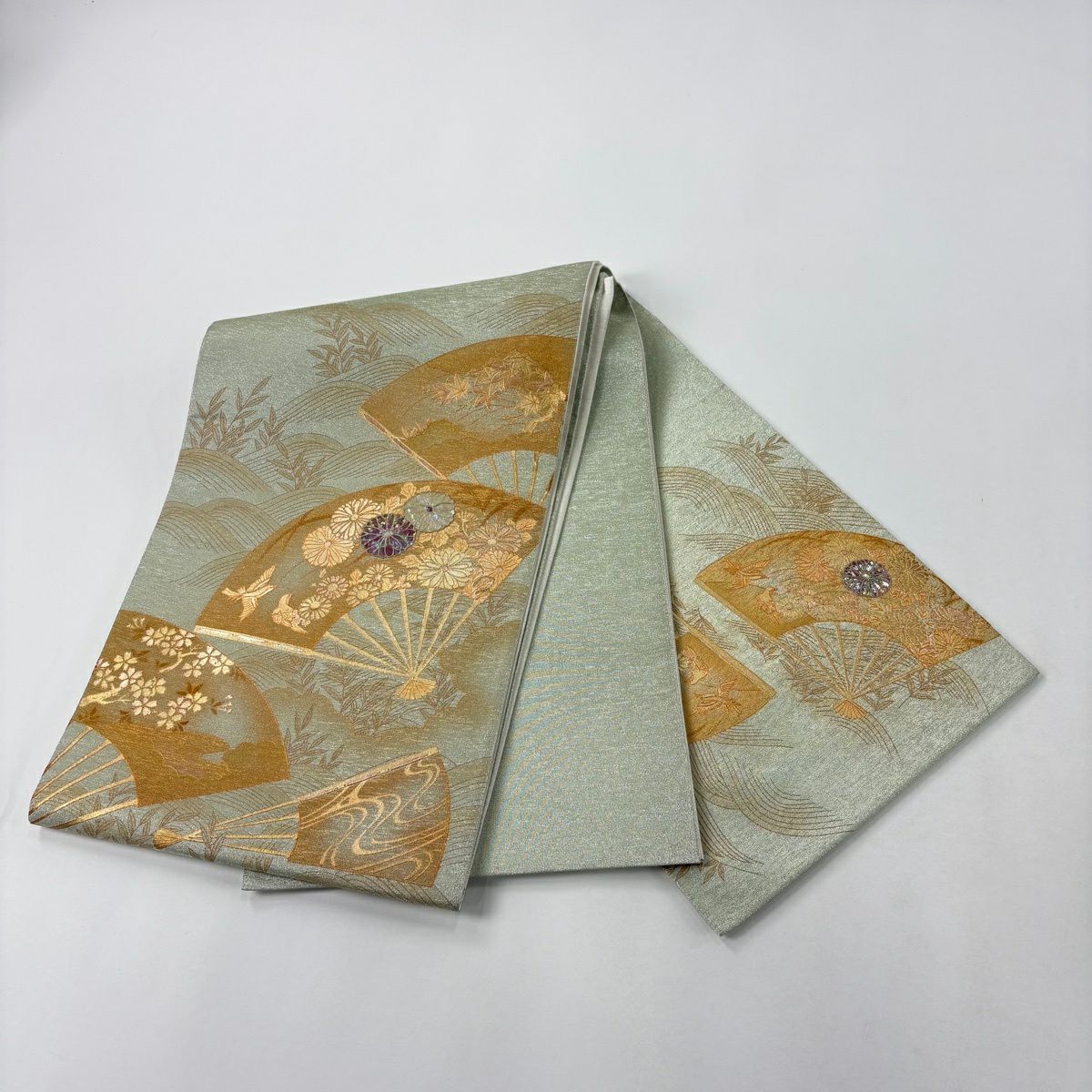 【美品】 袋帶 秀品級 扇子 花鳥 金銀彩 銀通 薄綠 お太鼓柄 純蠶絲