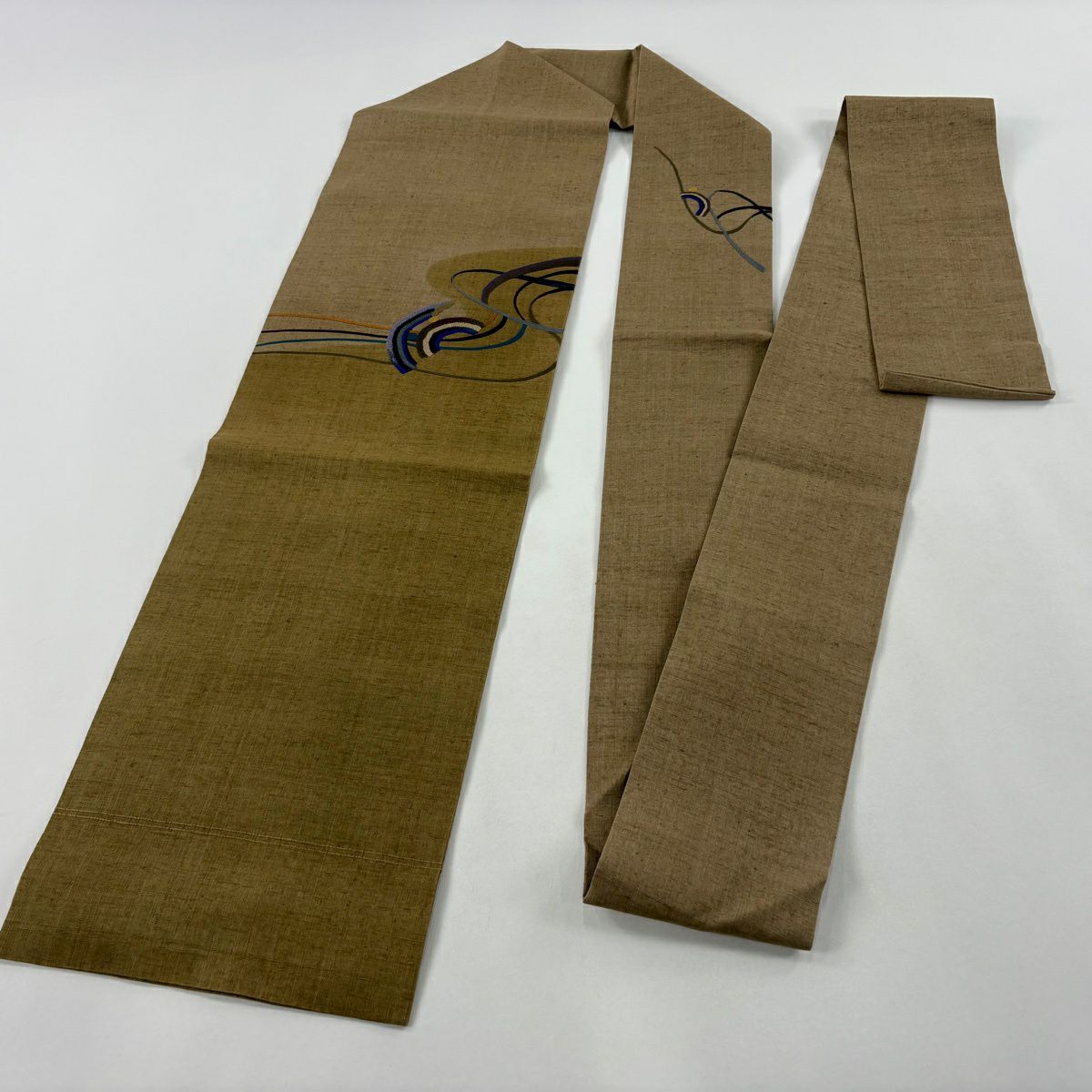 【美品】名古屋帶 秀品級 紬織織 流水 幾何圖案 刺繡 薄茶 純蠶絲