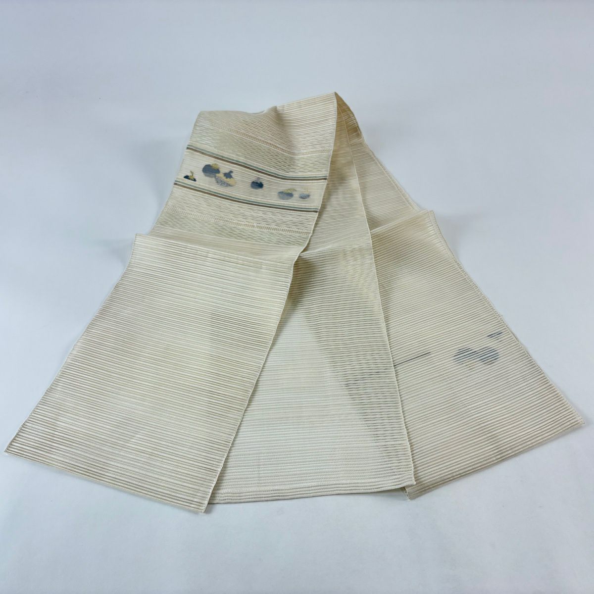 【美品】名古屋帶 秀品級 夏帶 絽 生物 縞 金銀絲 灰白 純蠶絲