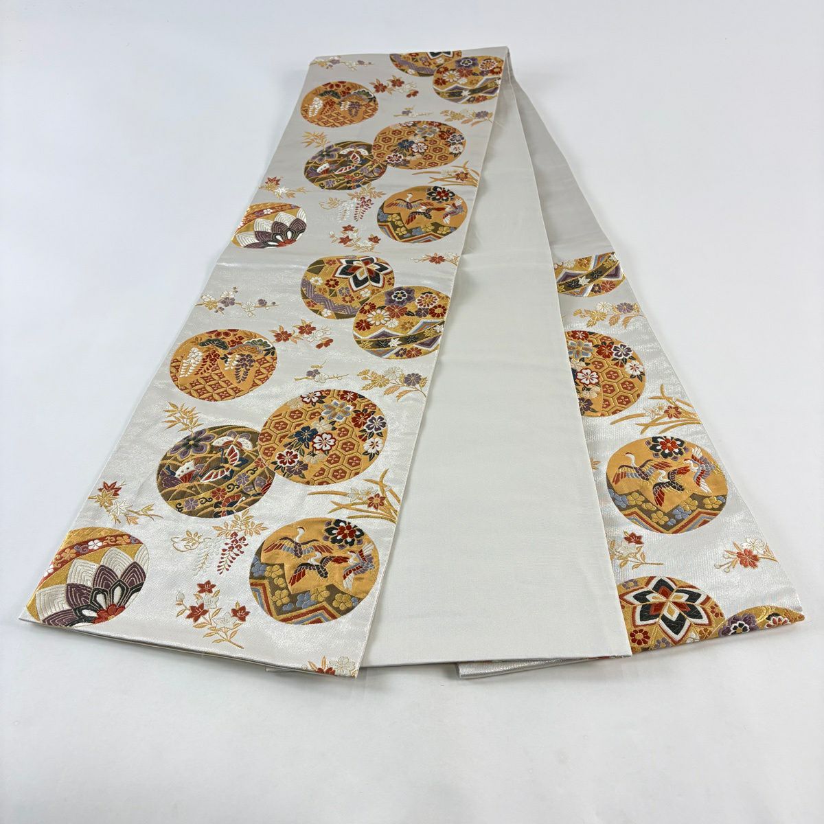 袋帶 秀品級 圓文 花鳥 刺繡 金絲 銀 六通 純蠶絲