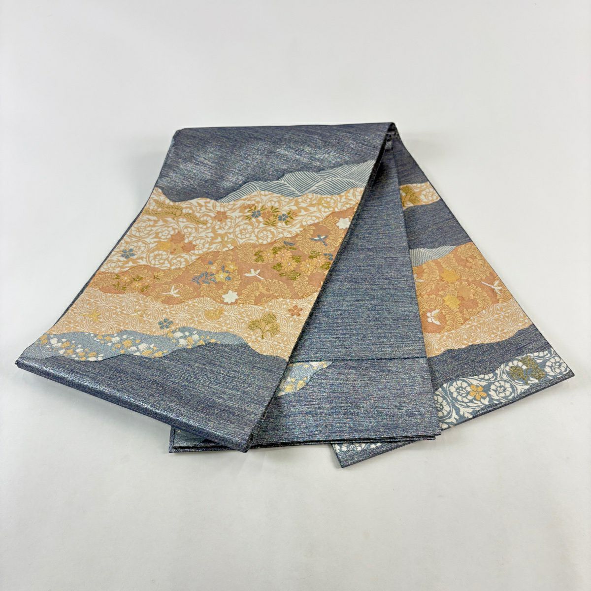 【美品】 袋帶 秀品級 鳥 草花紋 金糸 金金箔 淺橙色 大鼓圖案 純蠶絲
