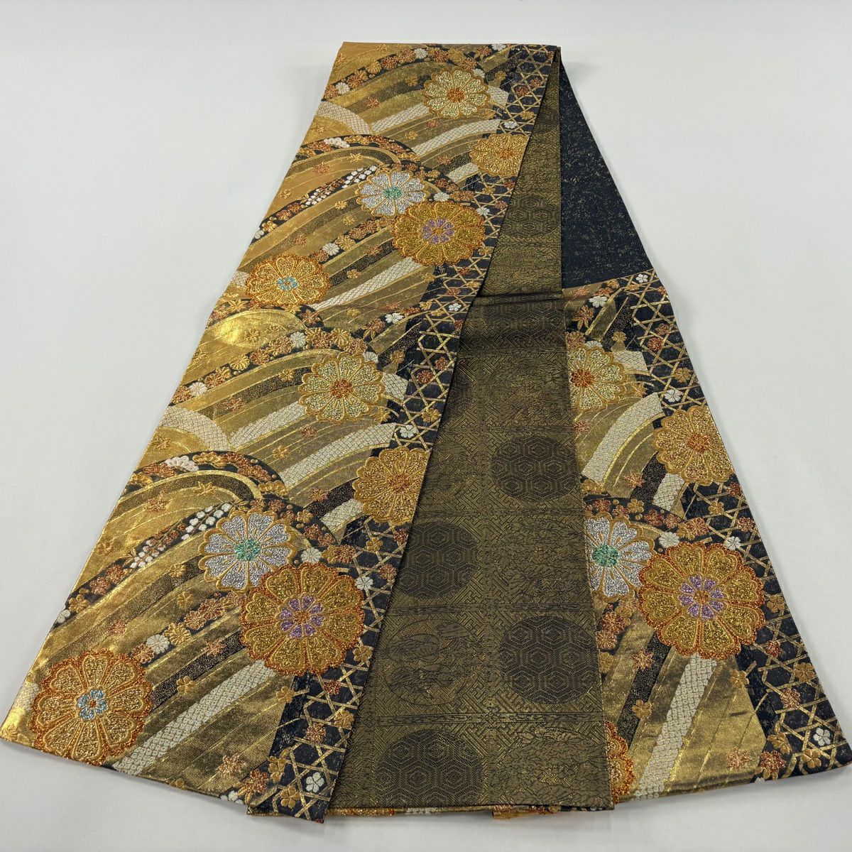 【美品】 袋帶 秀品級 花 波 金絲 金金箔 金色 六通 純蠶絲