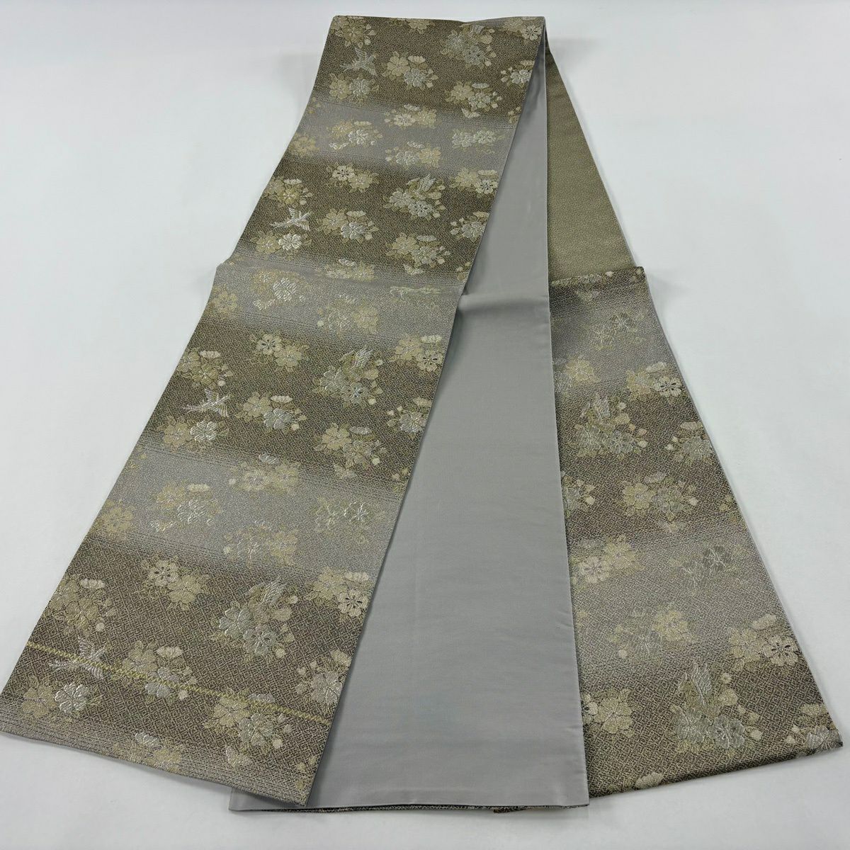 【美品】 袋帶 秀品級 樱花 鸟 金银线 黑灰 六通 純蠶絲