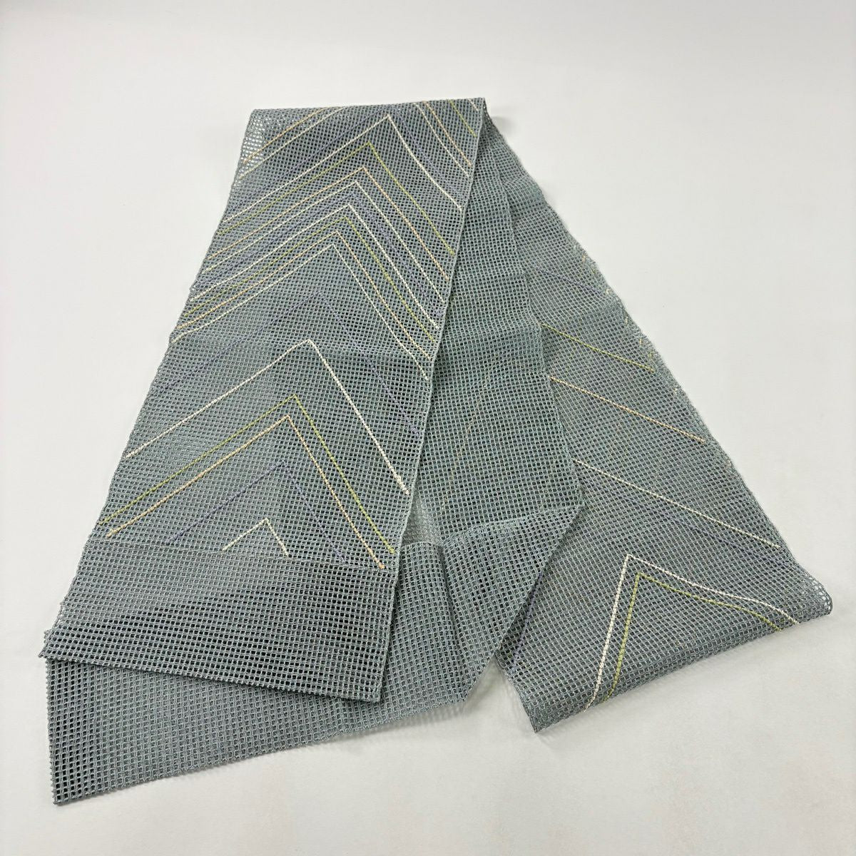 【美品】名古屋帶 秀品級 夏帶 羅 八寸名古屋帶 松樹葉仕立 幾何學圖案 青灰 純蠶絲