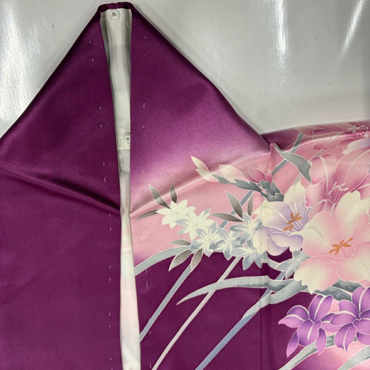 【美品】振袖禮服 身長161cm 袖長67.5cm L 雙層 草花紋紋 斜紋 漸層 紫 純蠶絲 優品級