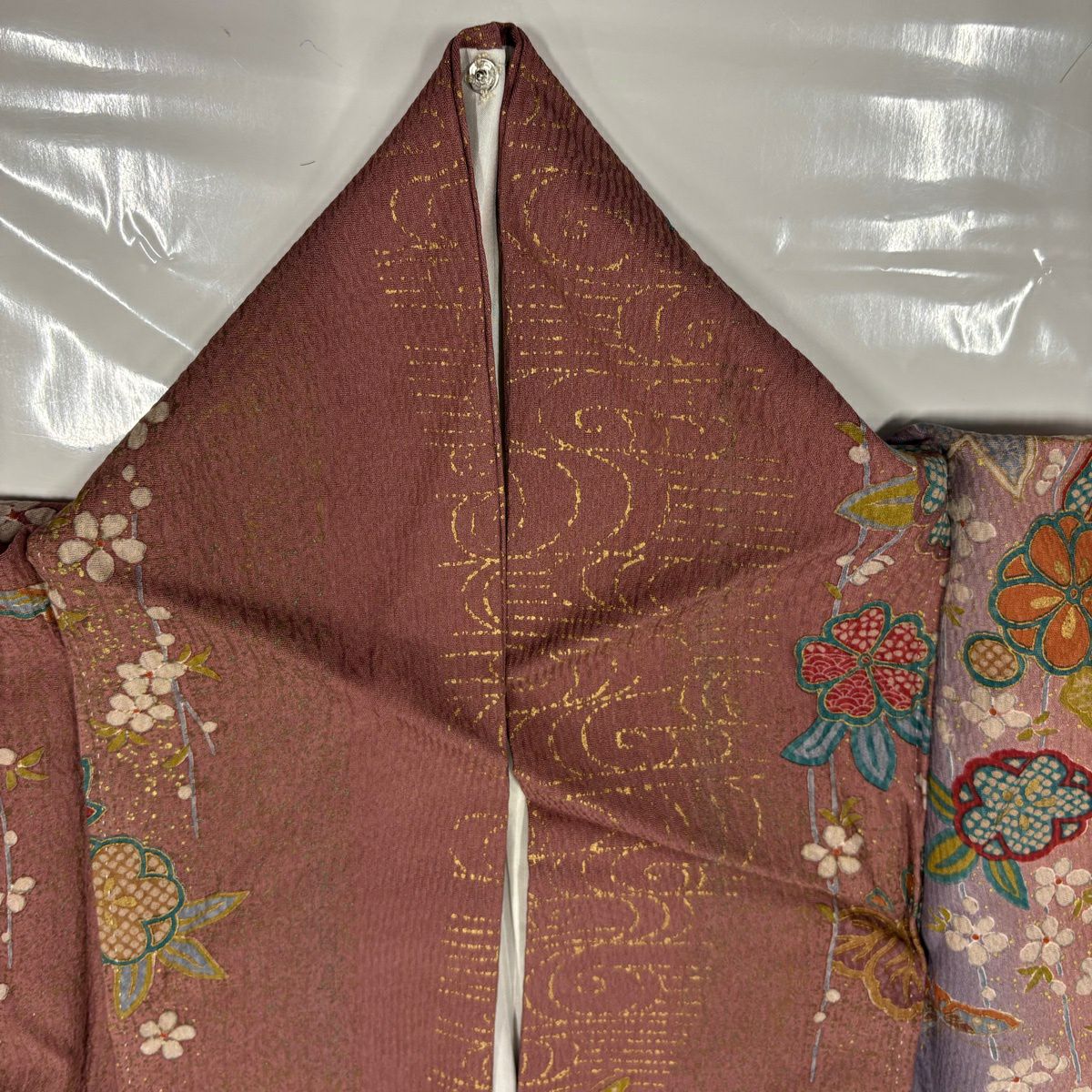 【美品】 小紋 身長166.5cm 袖長67cm M 雙層 櫻花 蝴蝶 金銀彩 縱向漸變 小豆色 純蠶絲 優品級