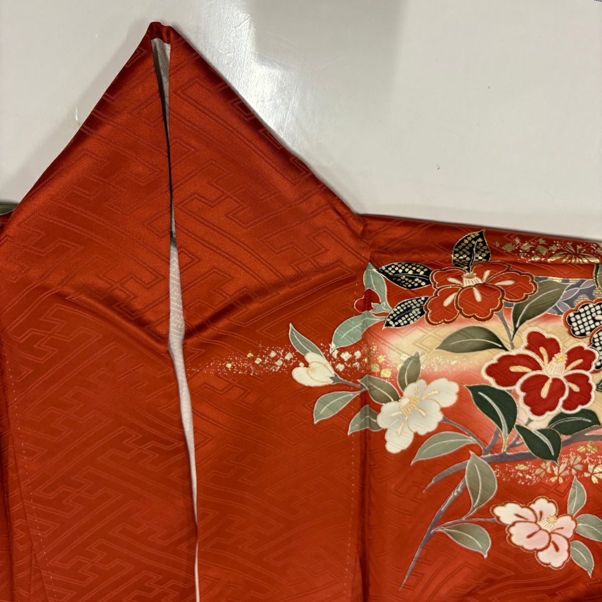 振袖禮服 身長157.5cm 袖長65.5cm M 雙層 枝梅花 ヱ霞 金絲 金銀彩 朱 純蠶絲 秀品級