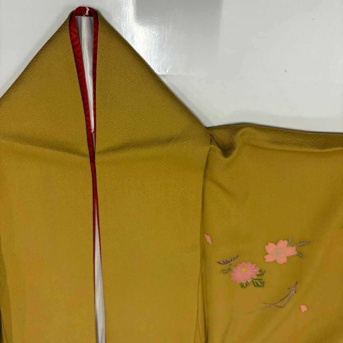 【美品】振袖禮服 身長166cm 袖長66cm M 雙層 手鞠 櫻花 金銀彩 染分 山吹茶 純蠶絲 秀品級