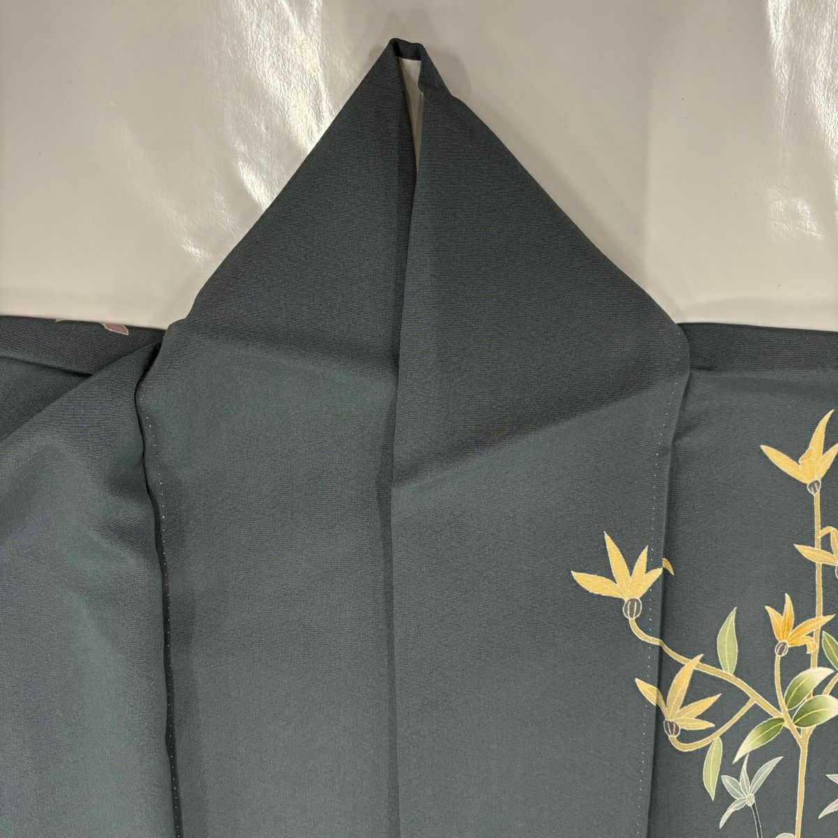 訪問服 身長161cm 袖長62cm S 雙層 落款あり 草花紋紋 灰綠 純蠶絲 名品級 一つ紋