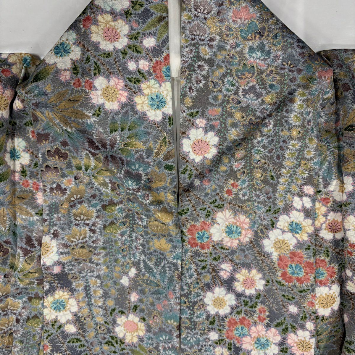 【美品】 小紋 身長164cm 袖長64.5cm M 雙層 草花紋紋 金銀彩 漸層 灰紫 純蠶絲 優品級