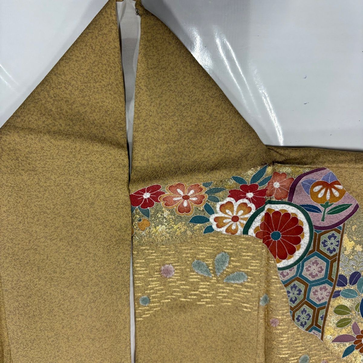 訪問服 身長172.5cm 袖長66.5cm M 雙層 松樹梅花 鎌倉紋 金絲 金銀彩 黃土 茶 純蠶絲 名品級