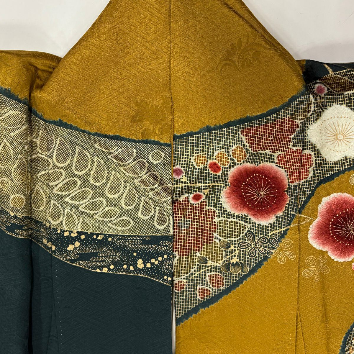 【美品】訪問服 身長167cm 袖長63cm S 雙層 霞 梅花 絞染 金彩裝飾 山吹茶 純蠶絲 名品級