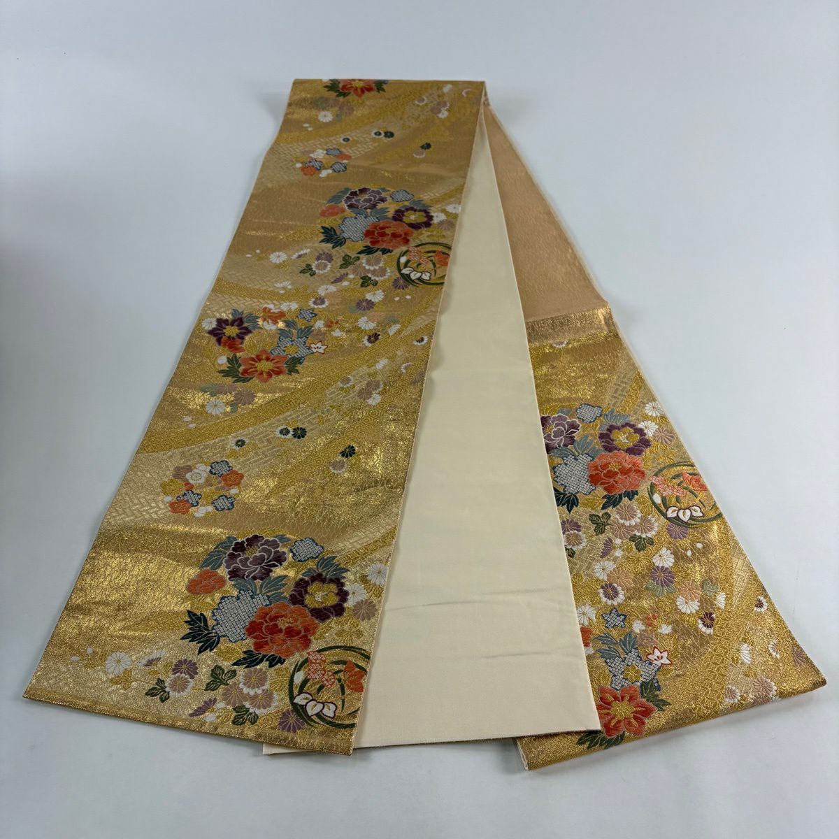 【美品】 袋帶 秀品級 牡丹 花丸紋 金絲 金金箔 金色 六通 純蠶絲