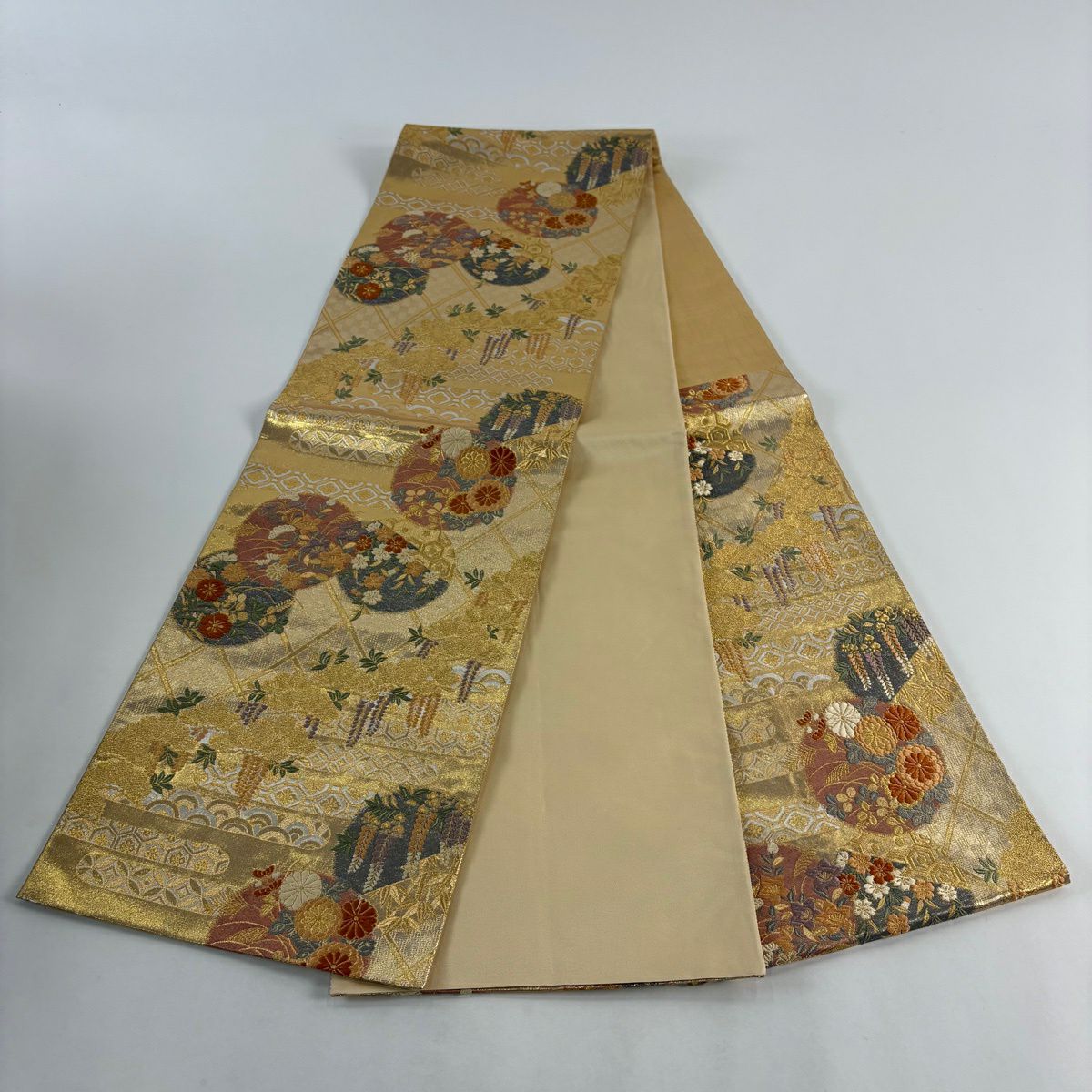 【美品】 袋帶 秀品級 蒔絵圓紋 笠松樹 金絲 金金箔 金 六通 純蠶絲
