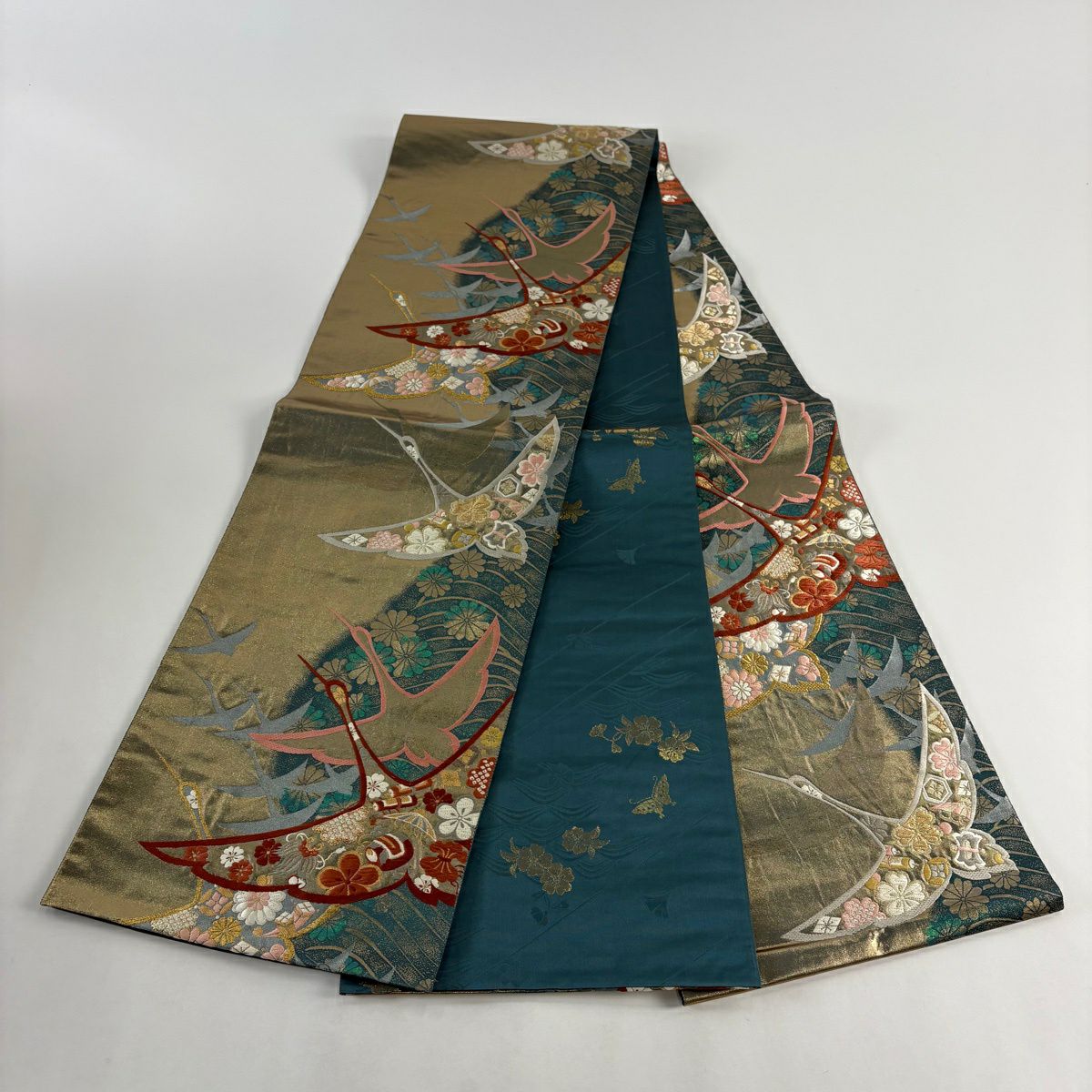 袋帶 秀品級 仙鶴 草花紋 唐織 金絲 金色 全通 純蠶絲