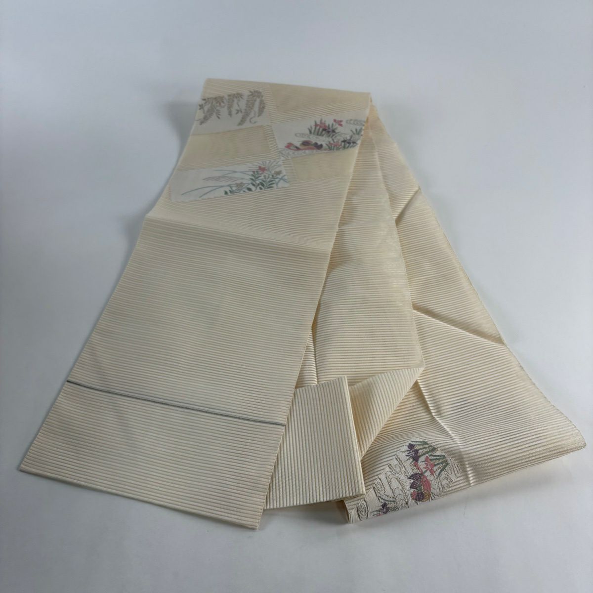 名古屋帶 秀品級 夏帶 絽 八寸名古屋帶 松樹葉仕立 紅鴛鴦 草花紋紋 金絲 奶油色 純蠶絲