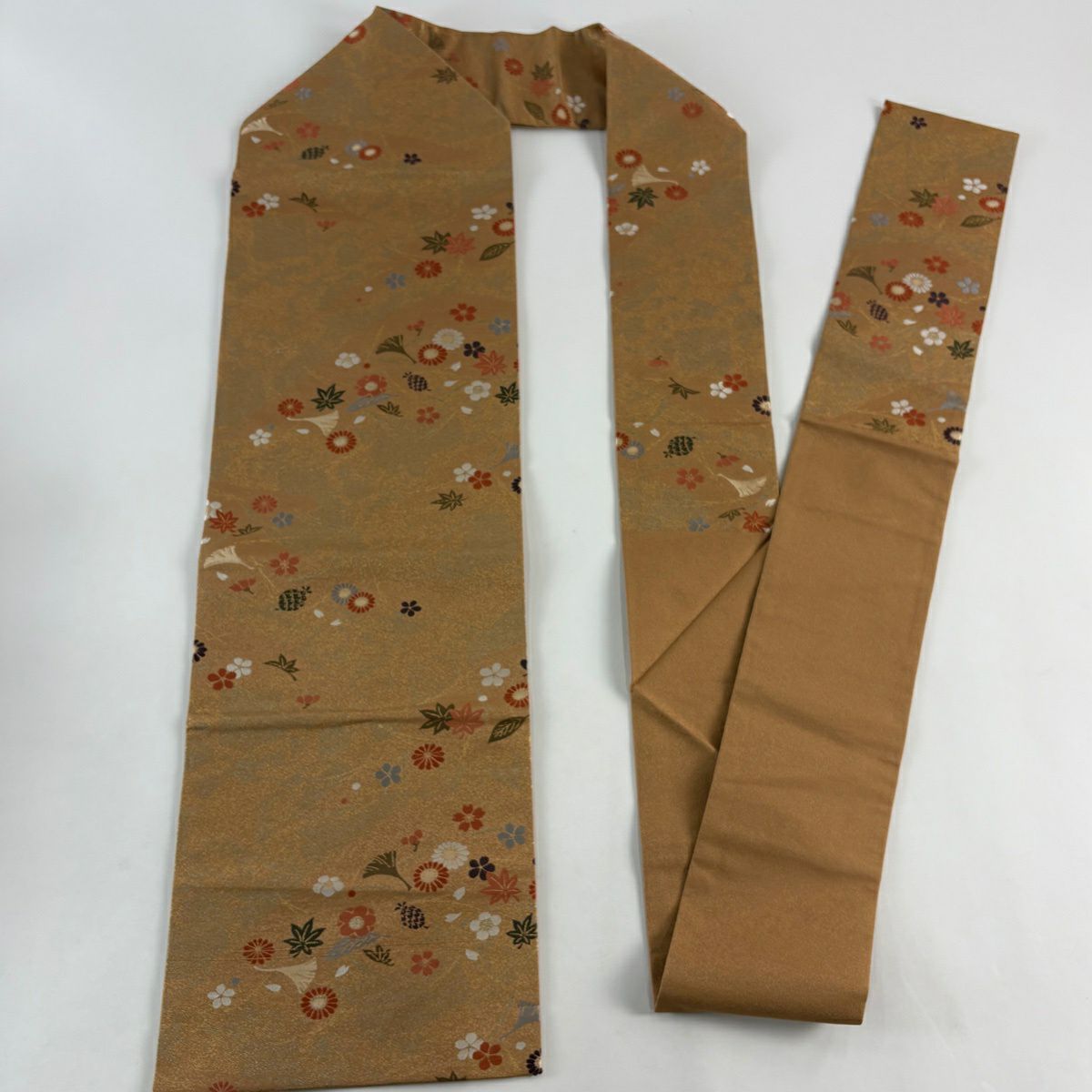 【美品】名古屋帶 秀品級 花 松樹葉 金金箔 山吹茶 純蠶絲
