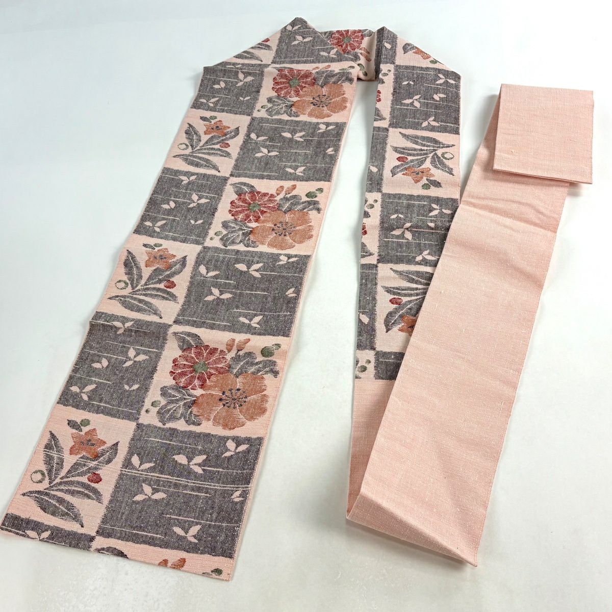 【美品】 名古屋帶 優品級 草花紋紋 葉柄 粉紅 純蠶絲